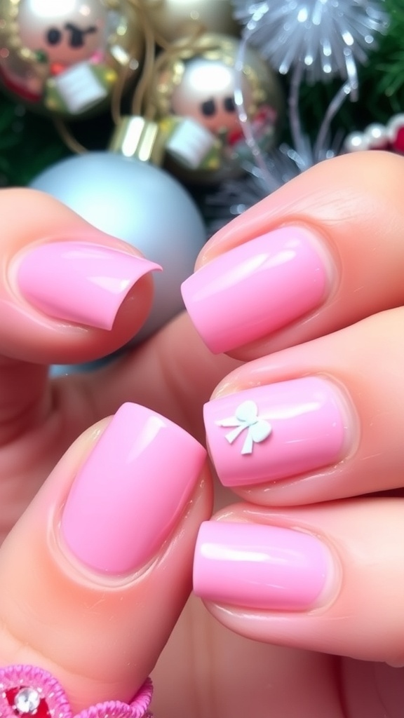 Pink Christmas nails with white bow design on a festive background.